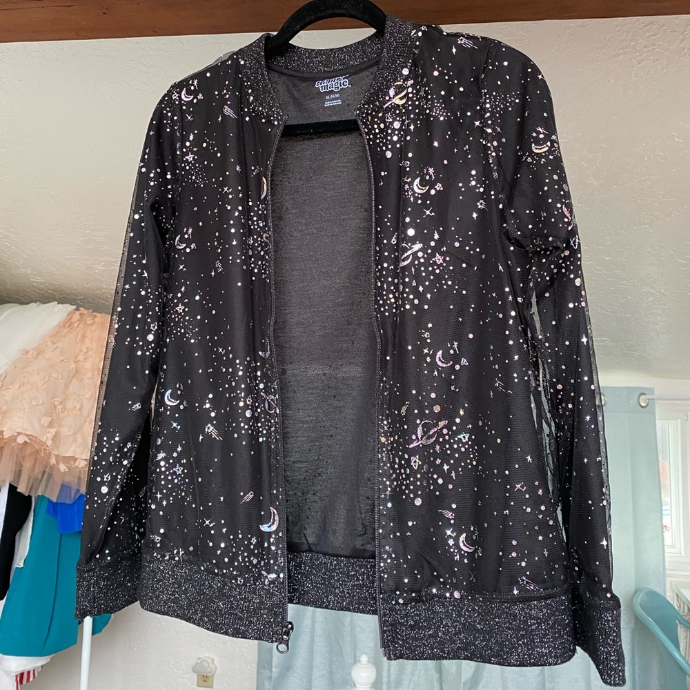 More than magic mesh black bomber glitter jacket